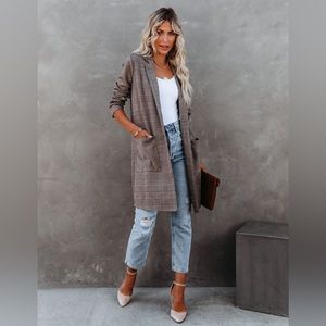 Pocketed Plaid Knit Blazer